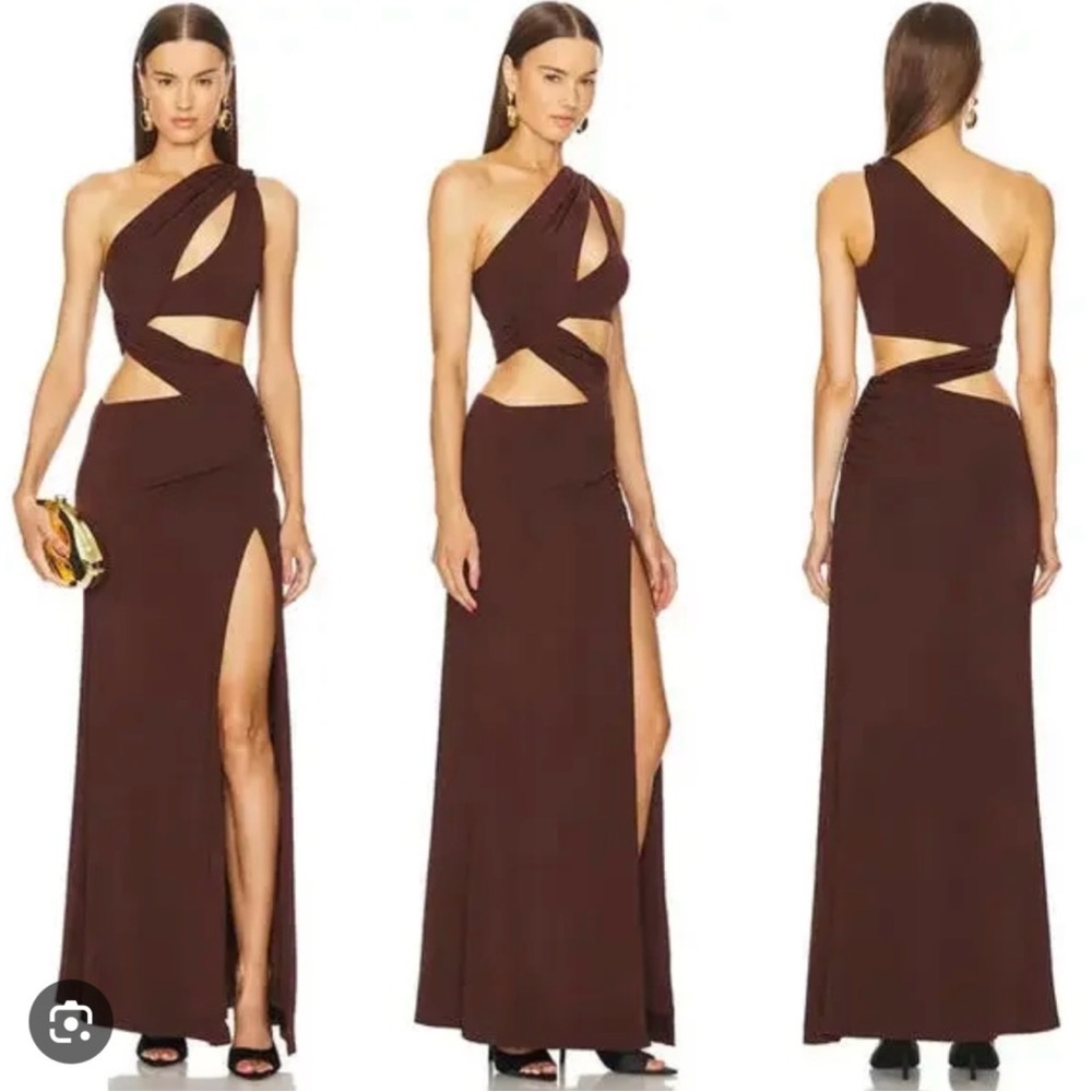 Michael Costello One-Shoulder Cutout Gown in Dark Brown
